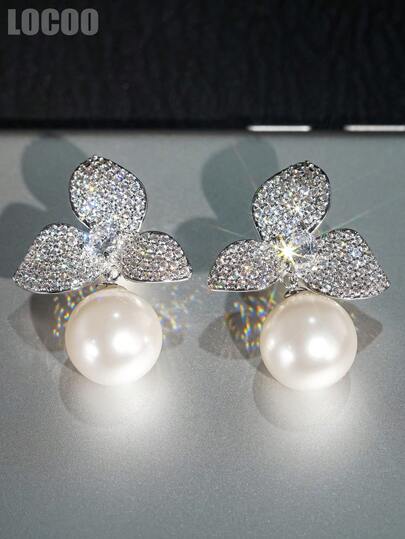 1 Par de Brincos de Zircônia Cúbica e Pérola Sintética para Mulheres - Ideal para Casamento, Noivado, Aniversário, Festas e como Presente de Dia dos Namorados