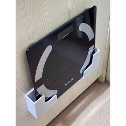 2件套壁挂式体重秤收纳架 - 无缝粘贴安装，塑料材质，节省空间设计，适用于浴室和家庭健身房，兼容体脂秤和健身器材，浴室收纳架，外观时尚，安装简便，带收纳盒