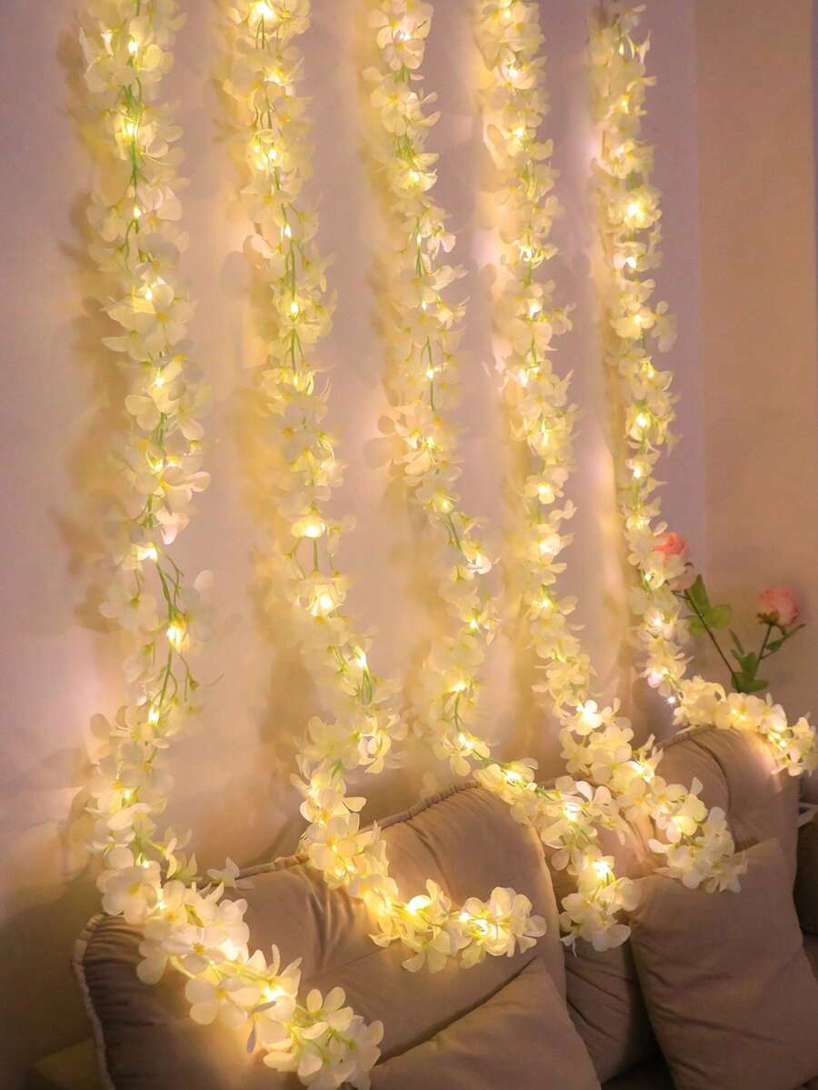 1个LED人造樱花花环,Majisu人造白色和粉色樱花花环,带LED灯,电池供电,开关控制,塑料材质,不含电池,适用于家居、房间、卧室、花园、庭院装饰,情人节、母亲节、婚礼派对装饰 - 暖白色 - 查看 1