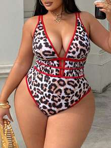 Swim  Plus Size Women's Leopard Print Deep V-Neck Sexy Backless One-Piece Swimsuit, Suitable For Beach & Holiday - 多色 5 - 查看 6