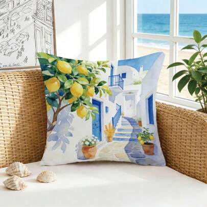 1件地中海建筑与柠檬图案靠垫套，单面印花，柔软桃绒材质，45*45厘米，适用于家居室内客厅沙发装饰、派对装饰，装饰枕套，节日礼物，不含枕芯