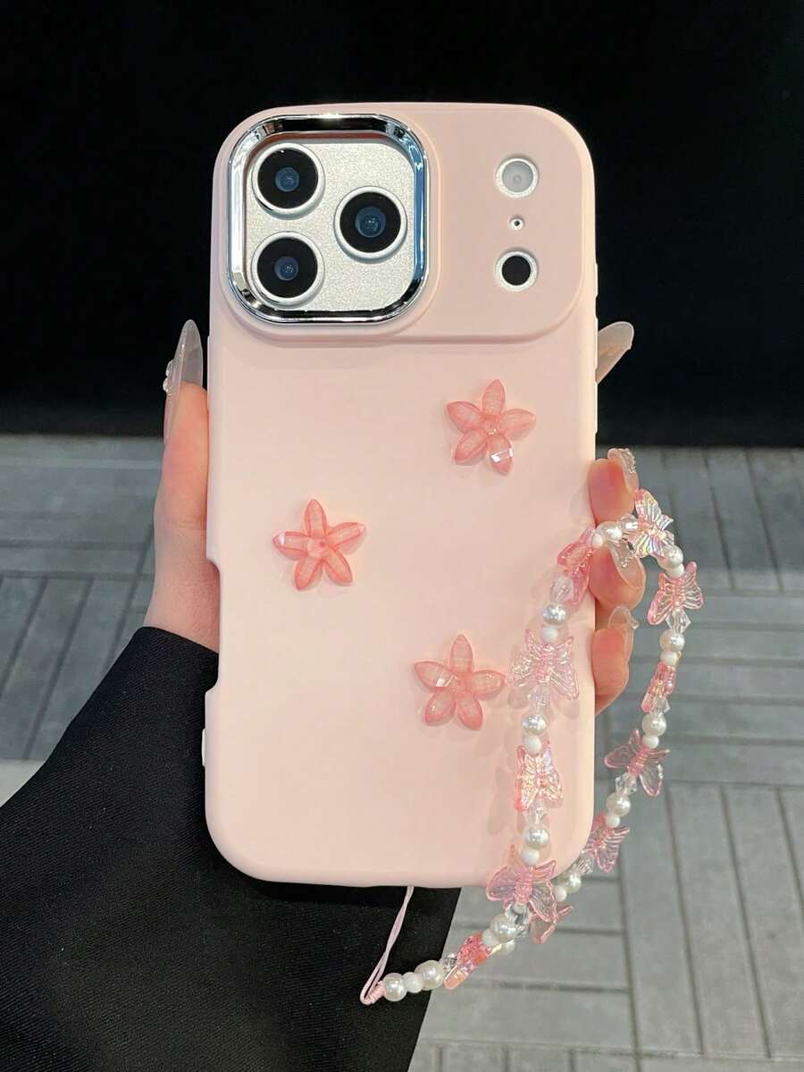 1个柔粉色3D花朵手机壳，配粉色蝴蝶珍珠链，防震、防滑、防刮，兼容 17 Pro Max、17/16/15/14/13/12/11系列、S20-S25系列、Note 14/13/12系列和A56 5G，完美的情人节/新年礼物 - 粉色 - 查看 1