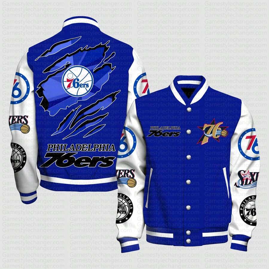 Men's N-BA Philadelphia 76ers Tear Graphic Print Varsity Jacket Unisex Vintage Letterman Baseball Jacket Game Day Basketball Fan Gear Casual Outerwear - 彩色 - 查看 1