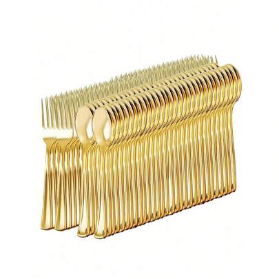 10/25/50/100pcs Gold Cutlery Set; Flatware Set Forks, Spoons, Premium Tableware, Suitable For: Birthday, Wedding, Party, Family Gathering, Team Building, Outdoor BBQ, Camping, Banquet, School Supplies, Graduation Ceremony, Holiday Party And More Occasions. Complete Cutlery Set, Full Kitchen Utensils, Flatware, Gold Cutlery, Cake Fork, Dessert Spoon, Salad Fork & Spoon, Washable And Reusable