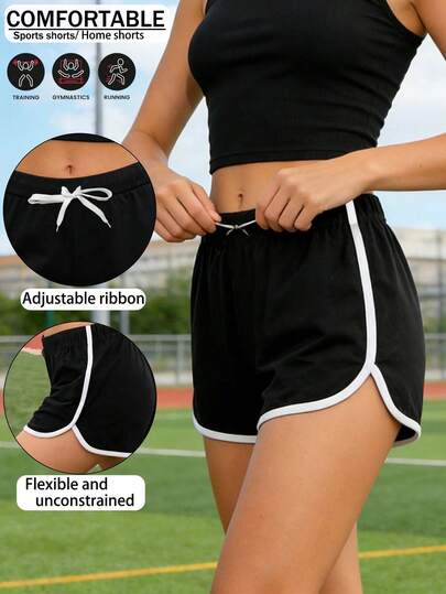 1pc Women's Contrast Color Patchwork Dolphin Print Running Shorts, Colorblock Fitted Elastic Waist Shorts For Fitness, Yoga, Sports, Casual Home Wear, Gift