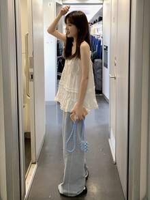 Áo tank top hai dây màu trơn có viền bèo nhún, thích hợp cho kỳ nghỉ hè đi biển, dành cho nữ, màu trắng, phong cách thường ngày. - trắng - Xem 3