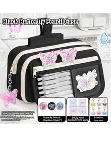 1 Bộ Hộp Bút Hình Bướm Dung Lượng Lớn (Bao gồm 1 Ghim Ghim Huy Hiệu + 2 Sổ Ghi Nhớ + 1 Móc Khóa) Bộ 4 Món Chuẩn Bị Cho Năm Học Mới, Hộp Lưu Trữ Văn Phòng Phẩm Nhiều Tầng Dành Cho Học Sinh với Hộp Vải Canvas. Bộ sản phẩm này bao gồm Nhãn Dán và Hộp Bút. - Bộ bướm - Xem 4