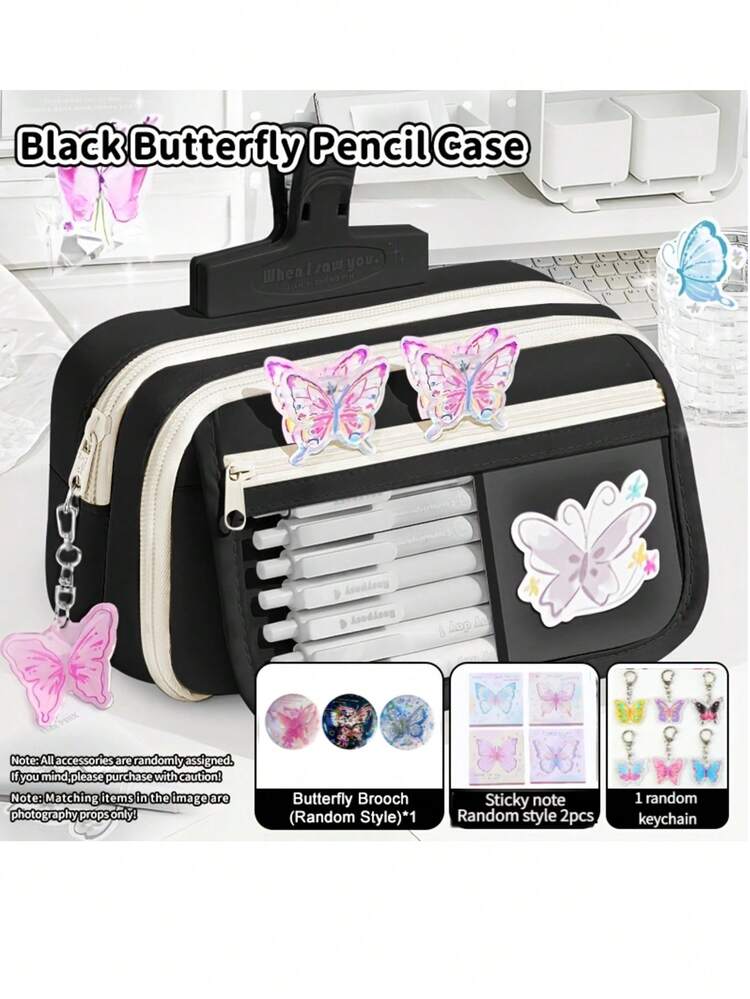 1 Bộ Hộp Bút Hình Bướm Dung Lượng Lớn (Bao gồm 1 Ghim Ghim Huy Hiệu + 2 Sổ Ghi Nhớ + 1 Móc Khóa) Bộ 4 Món Chuẩn Bị Cho Năm Học Mới, Hộp Lưu Trữ Văn Phòng Phẩm Nhiều Tầng Dành Cho Học Sinh với Hộp Vải Canvas. Bộ sản phẩm này bao gồm Nhãn Dán và Hộp Bút. - Bộ bướm - Xem 4