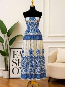 Long Strapless Dress With Print And Elasticated Crepe Fabric. Wrinkle-Free Fabric. - Blue - View 3