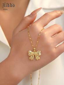 Hihho 1件菱形蝴蝶结项链，时尚锁骨链，不褪色高端百搭吊坠 - 菱格蝴蝶結 - 查看 3