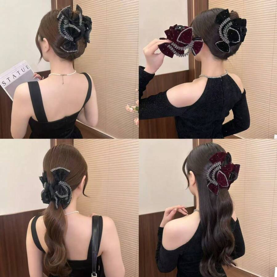 2026 奢华蝴蝶结发夹，小麦耳形发夹，女士蓬松发夹，带网状发爪 - 彩色 - 查看 1