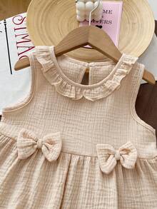 2pcs/Set Girls Cute Toddler Peter Pan Collar Bow Casual Top And Shorts Set, Summer - Apricot - View 3