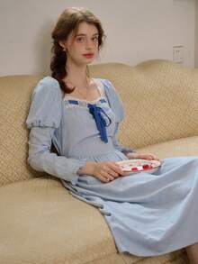 女士复古蓝色中长连衣裙，方领，蕾丝边饰，泡泡长袖，优雅田园风连衣裙 - 藍色 - 查看 5