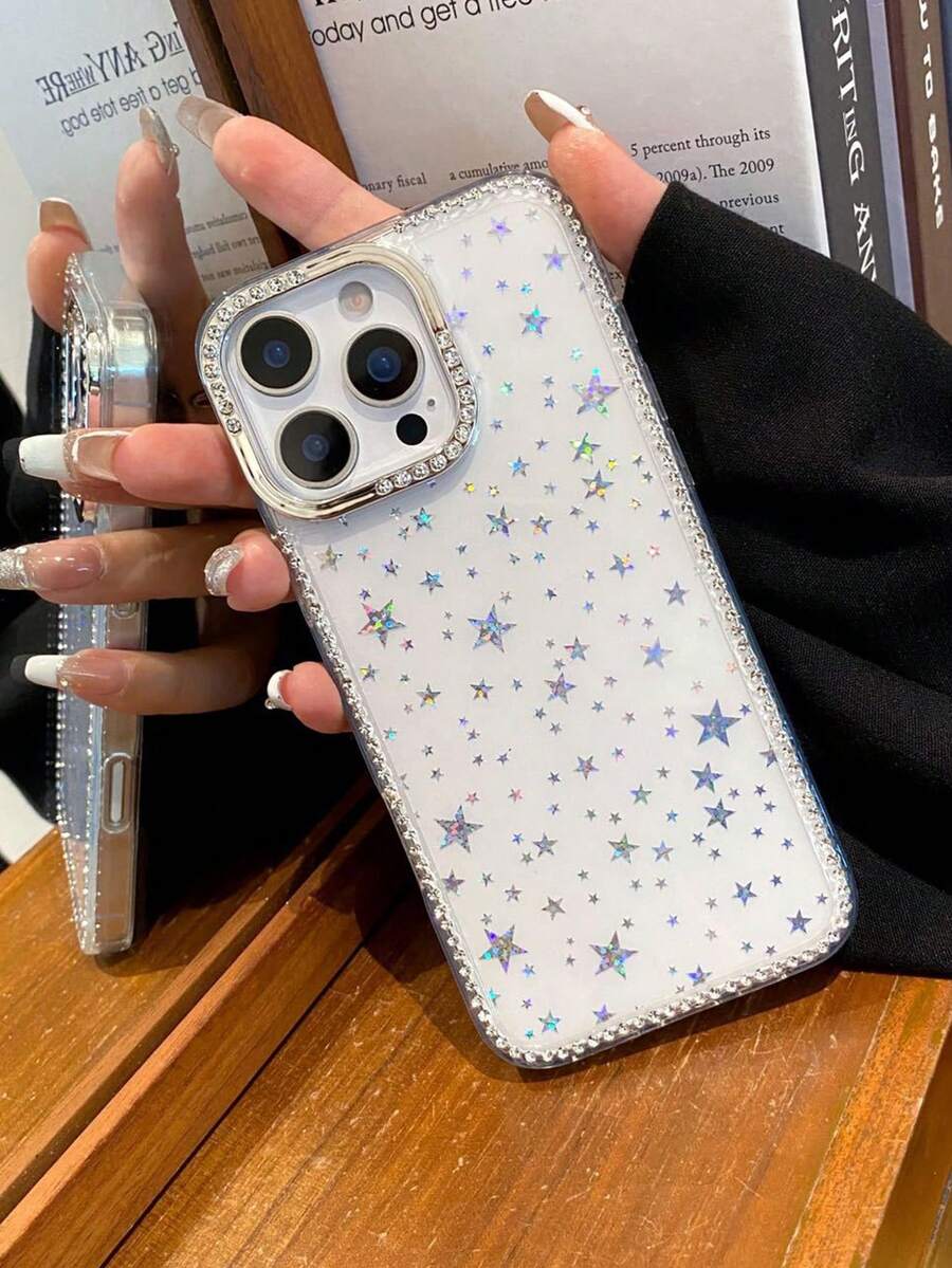 1个电镀水钻镶边闪亮星形透明手机壳，全包边防震保护套，适用于 11/12/13/14/15/16/17/Pro Max Plus - 無色 - 查看 1