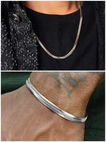 2 pezzi/set Collana e bracciale minimalisti con motivo a ossa di serpente per uomo, gioielli di moda hip-hop, accessori versatili, gioielli raffinati, regalo per le vacanze - Set di 2 pezzi con osso di serpente - Visualizzare 5