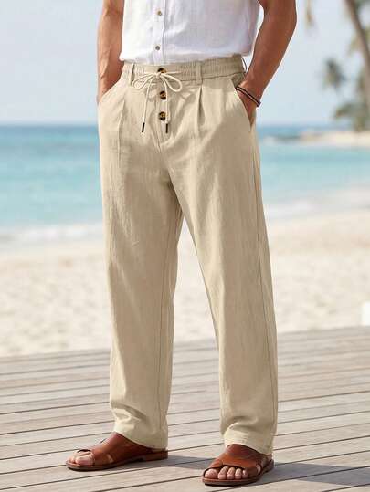 男士宽松亚麻休闲直筒裤，美式简约设计，四季皆宜