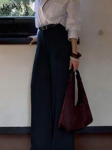 DONICY 女士春夏新款下装，藏蓝色纯色高腰口袋直筒阔腿裤，时尚复古优雅简约百搭套装裤，适合日常休闲、办公通勤、约会、购物、展览等场合。 - 寶藍色 - 查看 8