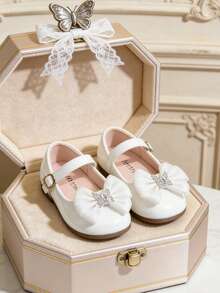1 Par de Sapatos de Couro Tipo Mary Jane com Laço Brilhante para Meninas, Sapatos de Princesa de Couro Envernizado, Sola Macia Antiderrapante, Versátil para Uso Diário e Apresentações - Branco - Visão 3