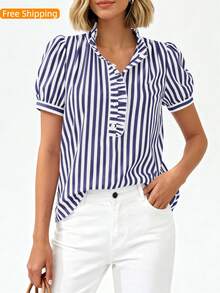 Puff Sleeve Striped Ruffle Blouse V Neck Button Front Summer Top Chic Casual Work Office Outfit For Women - Blue - View 6