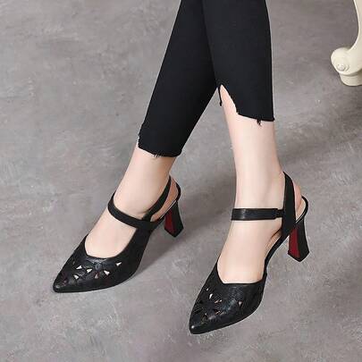 Zapatos de tacón para mujer New Spring/Summer Collection: Women's Fashionable Open-Toe Strappy High Heels with Chunky Heels and Pointed Toes-Genuine Leather, Open-Toe, Fairy-Style, Pointed-Toe, Chunky-Heel Strappy High Heels