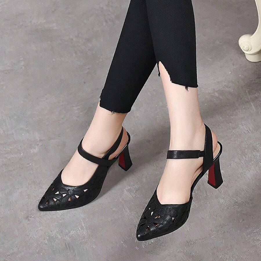 Zapatos de tacón para mujer New Spring/Summer Collection: Women's Fashionable Open-Toe Strappy High Heels with Chunky Heels and Pointed Toes-Genuine Leather, Open-Toe, Fairy-Style, Pointed-Toe, Chunky-Heel Strappy High Heels - Negro - Ver 1