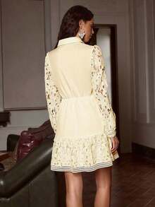 Simplee Women's Minimalist Solid Color Lace Patchwork Front Button Closure Dress, Spring/Summer Elegant White - Yellow - View 7