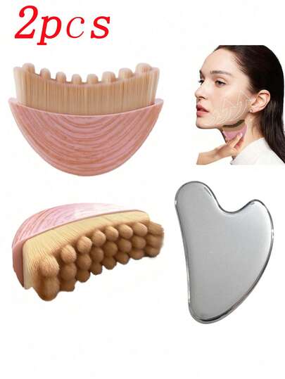 Facial Care Massage Set - Lymphatic Facial Shaping Massage Brush + Stainless Steel Gua Sha Board: Lymphatic Drainage Massage Tool - Suitable For Facial, Chin And Jawline Shaping, Precisely Fits The Skin - Improves Facial Blood Circulation, Reduces Facial Puffiness, Enhances Natural Soothing Portable Beauty Tool For Skincare/Spa/Massage; Stainless Steel Gua Sha Board - Facial Massage, Portable Facial And Body Muscle Relaxation Massage Board; Skincare Tool, Body And Facial Massage Care Tool, Beautician Supplies, Dry Brushing