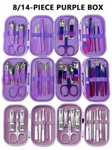 8/14pcs Multifunctional Manicure Set, Stainless Steel Nail Clippers For Fingers And Toes, Nail Care Tools, Pedicure Kit, Professional Travel Manicure Set, Purple New Packaging Box - Multicolor - View 8