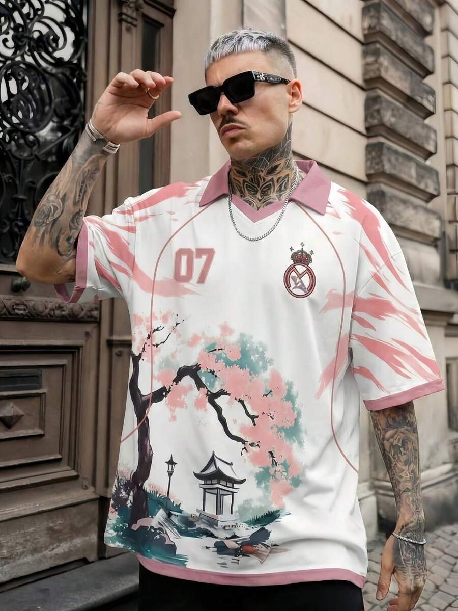 男士樱花印花Polo衫，日系数字图案粉色足球衫，夏季上衣 - 粉色 - 查看 1