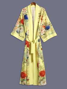 Áo khoác kimono tay dài dáng lửng phong cách Bohemian in hoa, chất liệu nhẹ, thích hợp cho nữ, thanh lịch cho các bữa tiệc, dạo phố, đi biển, du lịch, nghỉ mát, dáng rộng, xẻ tà, áo choàng, váy phù dâu. - Màu vàng - Xem 3
