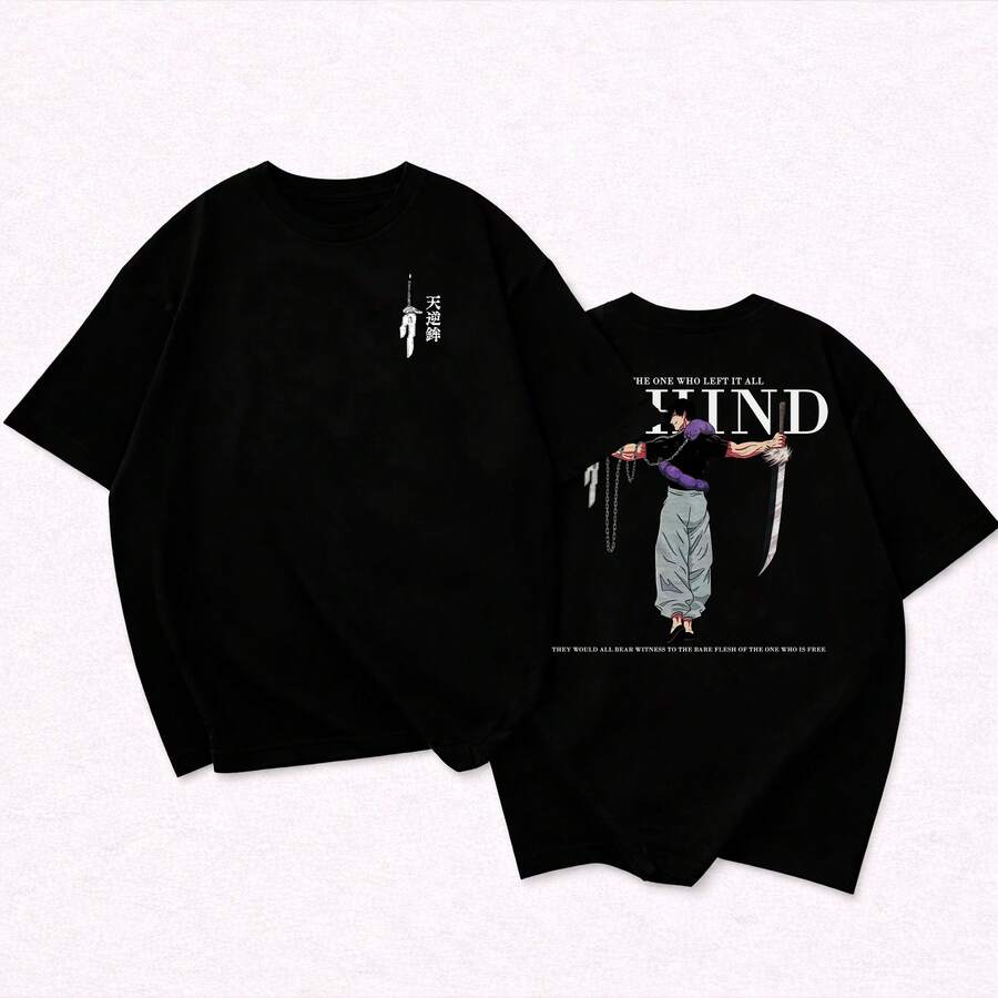 Oversized Anime T-Shirt Behind Toji Zenin Sorcerer Unisex Shirt 100% Cotton - 黑色 - 查看 1