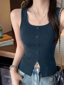 夏季优雅女士针织背心，青春性感圆领无袖纽扣前开衩下摆藏蓝色纹理罗纹2026轻盈成熟风格度假海滩音乐节派对装扮女装嘉年华婚礼季简约设计上衣 - 深藍色 - 查看 2