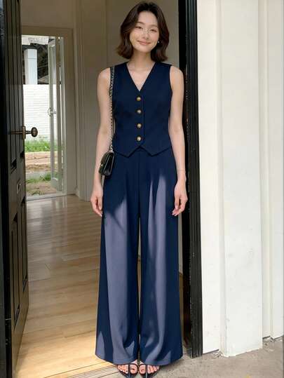 Distinctive Spring/Summer Women's Suit Set, Long Pants, Solid Color Casual Elegant Sleeveless Vest + Elastic Waist Pocket Long Pants, Suitable For Daily Casual Commuting, Professional Commuting Chic 2-Piece Set