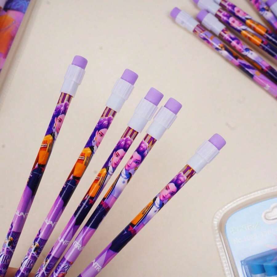 Hasbro K-POP 女巫猎人主题 HB 铅笔套装，包含 12 支铅笔和 1 个随机铅笔刀，动漫风格高品质文具，适合学生和儿童，可作为生日、返校、派对、复活节礼物。 - 彩色 - 查看 1