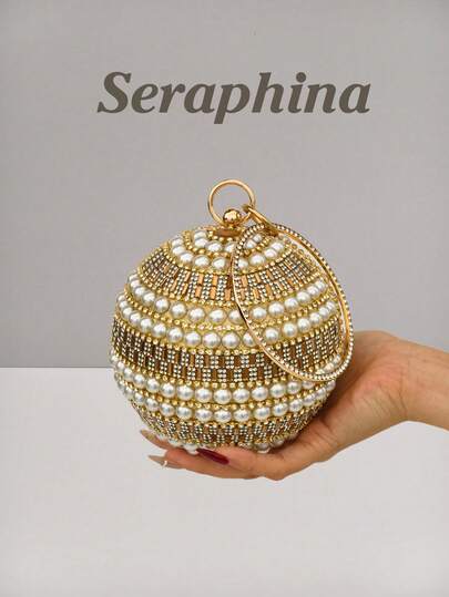 Pearl & Rhinestone Embellished Round Clutch Bag, With Rhinestone Decorated Round Handle, Exquisite & Eye-Catching, Essential For Evening Gowns, Elegant Compact Design Complements Formal Attire, Perfect For Sophisticated Women In Formal Occasions
