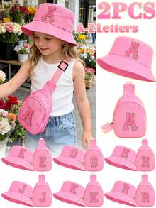 2 Peças Conjunto de Chapéu Balde Rosa com Letra 26 e Bolsa de Peito para Meninas, Alça Ajustável, Versátil, Adequado para Uso Externo, Praia, Pesca, Piquenique - Rosa chiclete - Visão 1