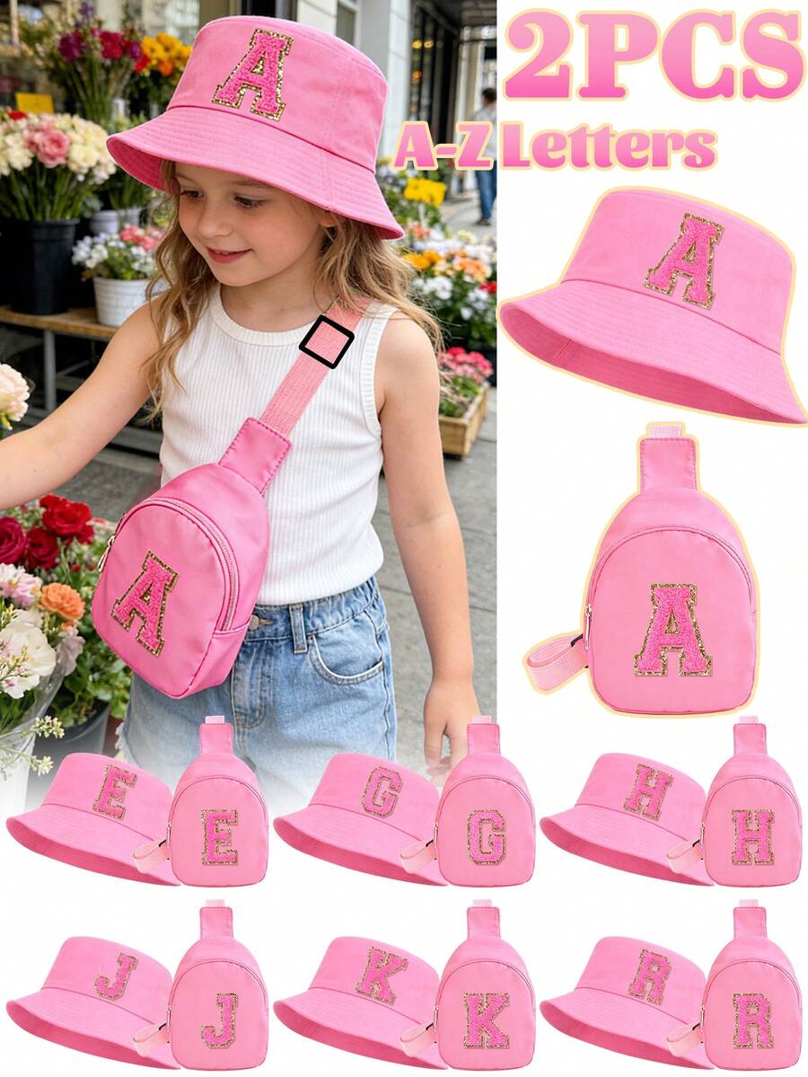 2 Peças Conjunto de Chapéu Balde Rosa com Letra 26 e Bolsa de Peito para Meninas, Alça Ajustável, Versátil, Adequado para Uso Externo, Praia, Pesca, Piquenique - Rosa chiclete - Visão 1