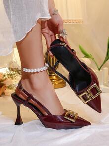 1 par de sandalias de tacón alto, parte superior de unicolor con decoración de hebilla de metal dorado, diseño de correa trasera, tacón de aguja con punta afilada, sandalias de cuña elegantes, adecuadas para fiestas, compras, viajes, vacaciones, uso al aire libre, nuevo estilo de verano - Rojo - Ver 8