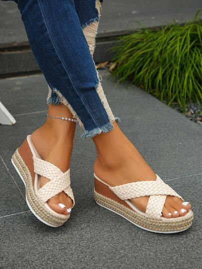 Giày sandal đế xuồng hở mũi đan chéo cỡ lớn dành cho nữ, đế dày, kiểu dáng casual, thích hợp đi nghỉ mát, mặc hàng ngày mùa xuân/hè, màu be, quà tặng Ngày của Mẹ.