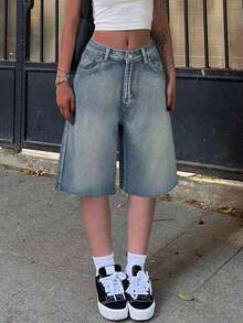 Y2K Retro Slant Pocket Fringe Hem Wide Leg Denim Bermuda Shorts, Casual Shorts Summer - Retro Blue - View 2