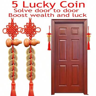 2 đồng xu may mắn Ngũ Đế truyền thống Trung Quốc, vật trang trí treo tường, bùa hộ mệnh phong thủy bằng kim loại mang lại tài lộc và thịnh vượng, thiết kế hình quả bầu, bùa bảo vệ cửa, không cần điện, không lông vũ.