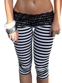 Lace Lettuce Trim Mid Waist Capri Leggings For Women Stripe Elastic Waist Ruffles Hem Tight Slim Fit Cropped Pants Coquette Leggings - 黑色 - 查看 5