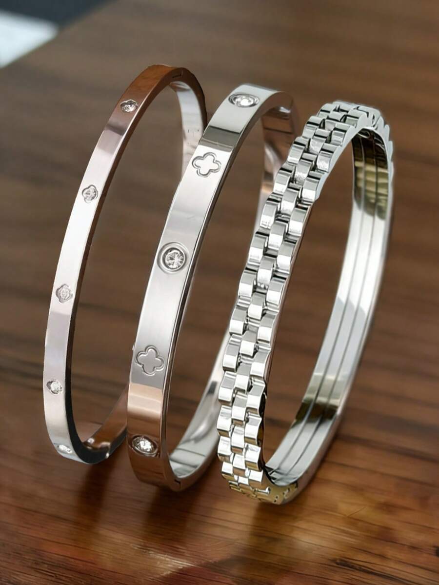 3件套高品质不锈钢花朵锆石手链，女士多元素珠宝设计，包含链条、齿轮和四叶草，时尚百搭，适合日常佩戴、派对、节日、生日、婚礼、情人节、母亲节等场合作为礼物。