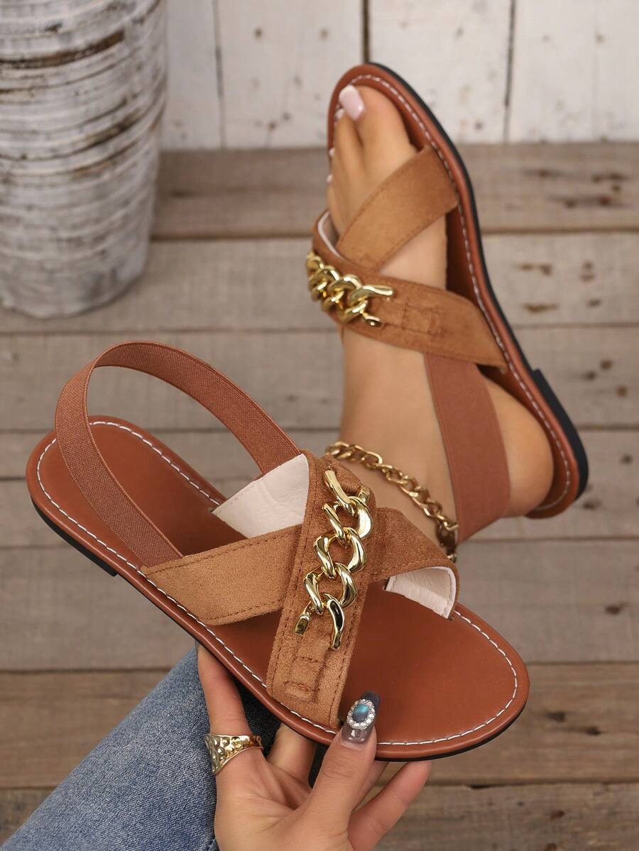 Women's Open Toe Slingback Sandals, Black Suede-Like Material With Gold Chain Crossing Flat Sandals, Suitable For Casual Wear - Brown - View 1