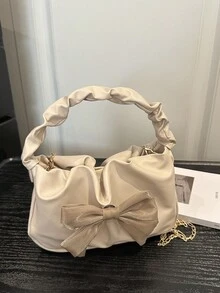Túi xách hình trăng lưỡi liềm xếp ly thời trang, túi hình đám mây trang trí nơ bằng khăn lụa, túi nhỏ kiểu dáng giản dị với dây đeo vai bằng kim loại. - Màu Khaki - Xem 5