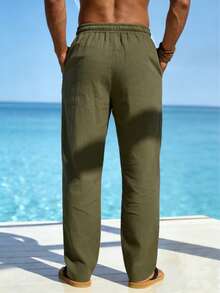 Pantalones de lino sueltos con cordón y bolsillo de unicolor para hombre, cómodos para primavera, verano, otoño e invierno - Verde militar - Ver 6