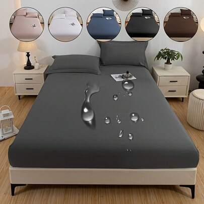 1pc Waterproof Fitted Bed Cover, Brushed Soft Hypoallergenic Sheet Protector With 360° Full Elastic Skirt, Solid Color Quiet Breathable Bedding For Guest Room