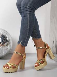 Chunky Heel Sandals Women, Cross-Strap Open Toe High Heels, Anti-Slip Serrated Sole Strap Sandals, Sexy Club Versatile Style. Cross-Strap Design, Chunky Heel, Stable And Comfortable; Crystal Pendant Decor, Suitable For Commuting, Dating, Party - Gold - View 4