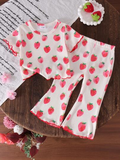 2pcs Baby Girls Cute Strawberry Pattern Short Sleeve T-Shirt + Pants Set, Lightweight Summer Pastoral Style