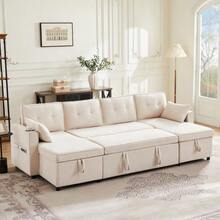 Schlafsofa mit Schlaffunktion, U-förmiges Sofa, Polstersofa, Baumwoll-und Leinenstoffe, mit Getränkehalter, Stauräume, geeignet für Familien, Wohnzimmer usv. Video verfügbar - Beige - Übersicht 8